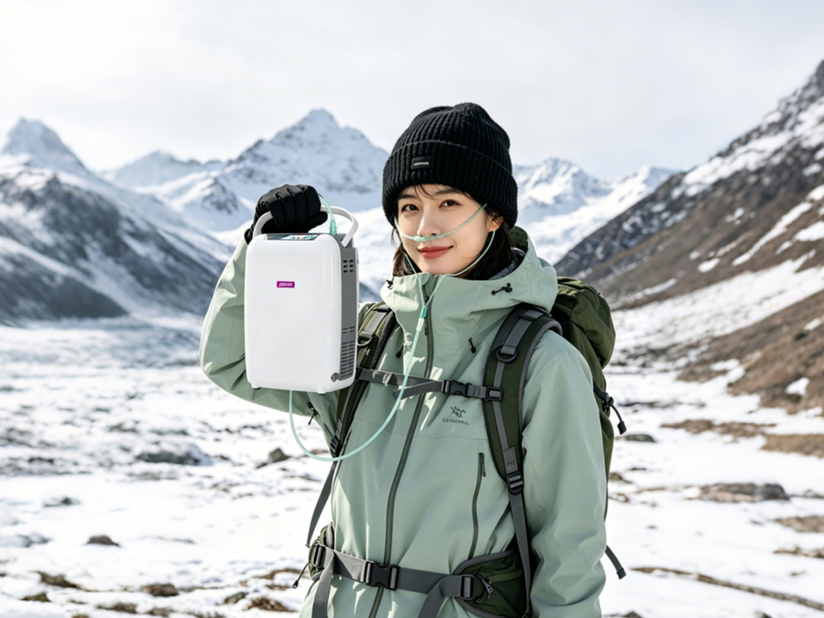 高原徒步场景:徒步者在雪山环境下使用便携式制氧机 高原徒步场景:雪山背景下徒步者手持便携式制氧机辅助补氧
